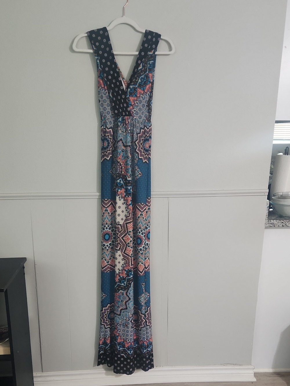 Blue Printed V-Neck Maxi Dress